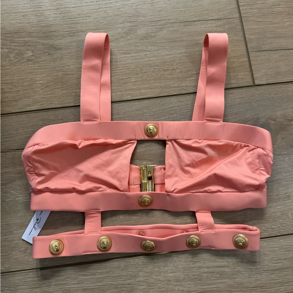 NWT $225 Monica Hansen Rich & Fab Cut Out Bikini TOP Coral Revolve metallic gold